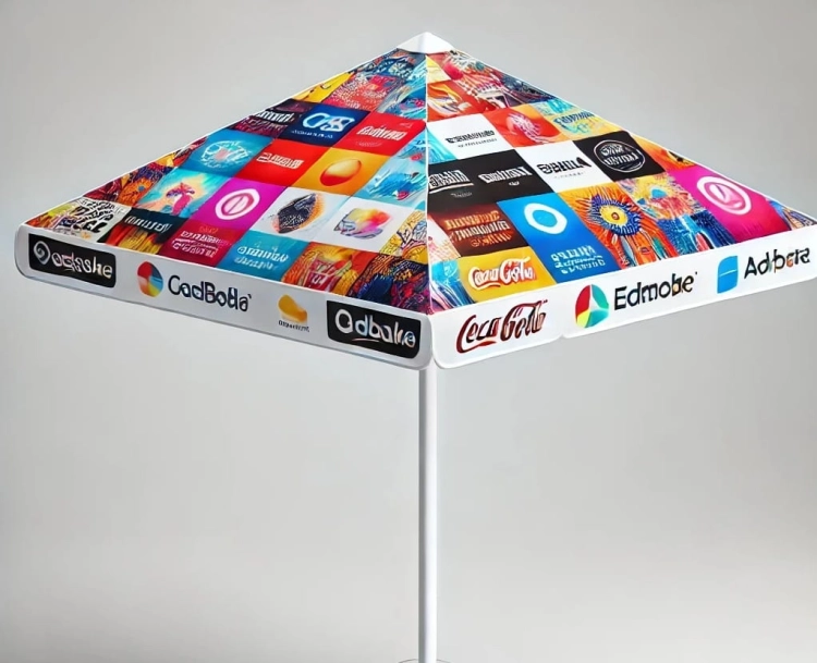 Reclameparasol voor evenementen met kleurrijke mozaïekprint en logo's op een wit frame