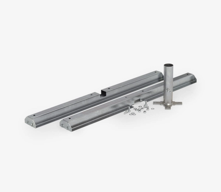Steel cross base components for an advertising parasol including metal beams, a pole support, and assembly hardware