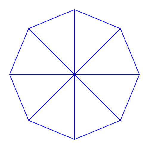 Top view diagram of an eight-panel garden advertising parasol with blue outlines on a white background