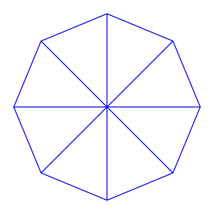Top view diagram of an eight-panel garden advertising parasol with blue outlines on a white background