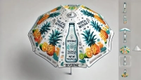 Custom printed garden parasol featuring tropical beverage graphics with pineapples and citrus fruits on a white canopy.