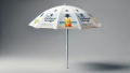 White promotional garden parasol featuring custom tropical beach drink graphics on a simple grey background