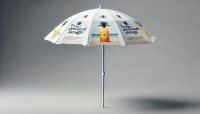 White promotional garden parasol featuring custom tropical beach drink graphics on a simple grey background