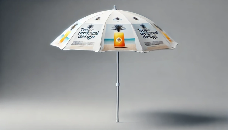 Witte reclameparasol met opdruk van een tropisch drankje en tekst Tropic Tropical Design op een grijze achtergrond