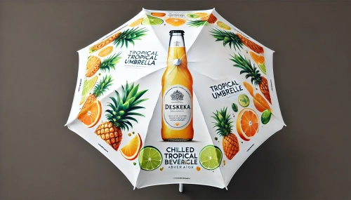 White patio umbrella with tropical fruit graphics and a chilled beverage bottle design on a white canopy