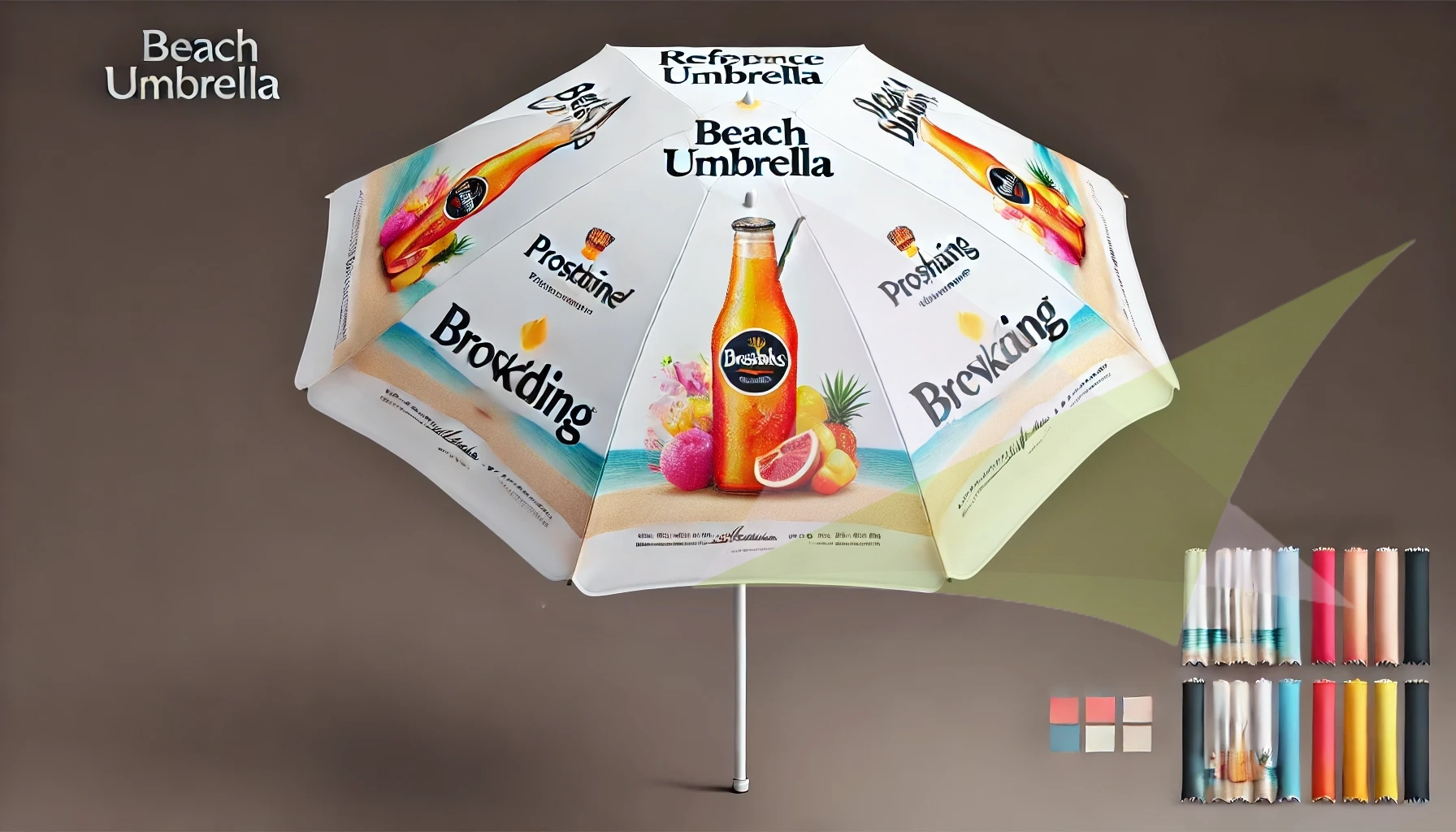 White promotional beach umbrella with fruit drink graphics, featuring custom printing options and color swatches.