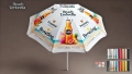 White promotional beach umbrella with fruit drink graphics, featuring custom printing options and color swatches.