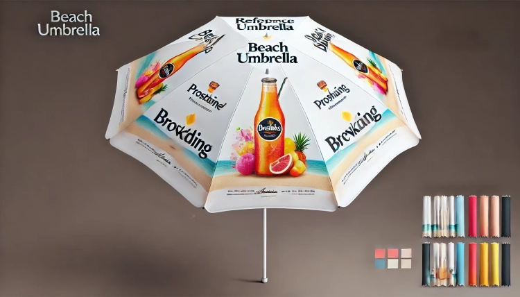 Witte reclameparasol met opdruk van zomerdrankje, fruit en strand, met kleurmonsters ernaast.