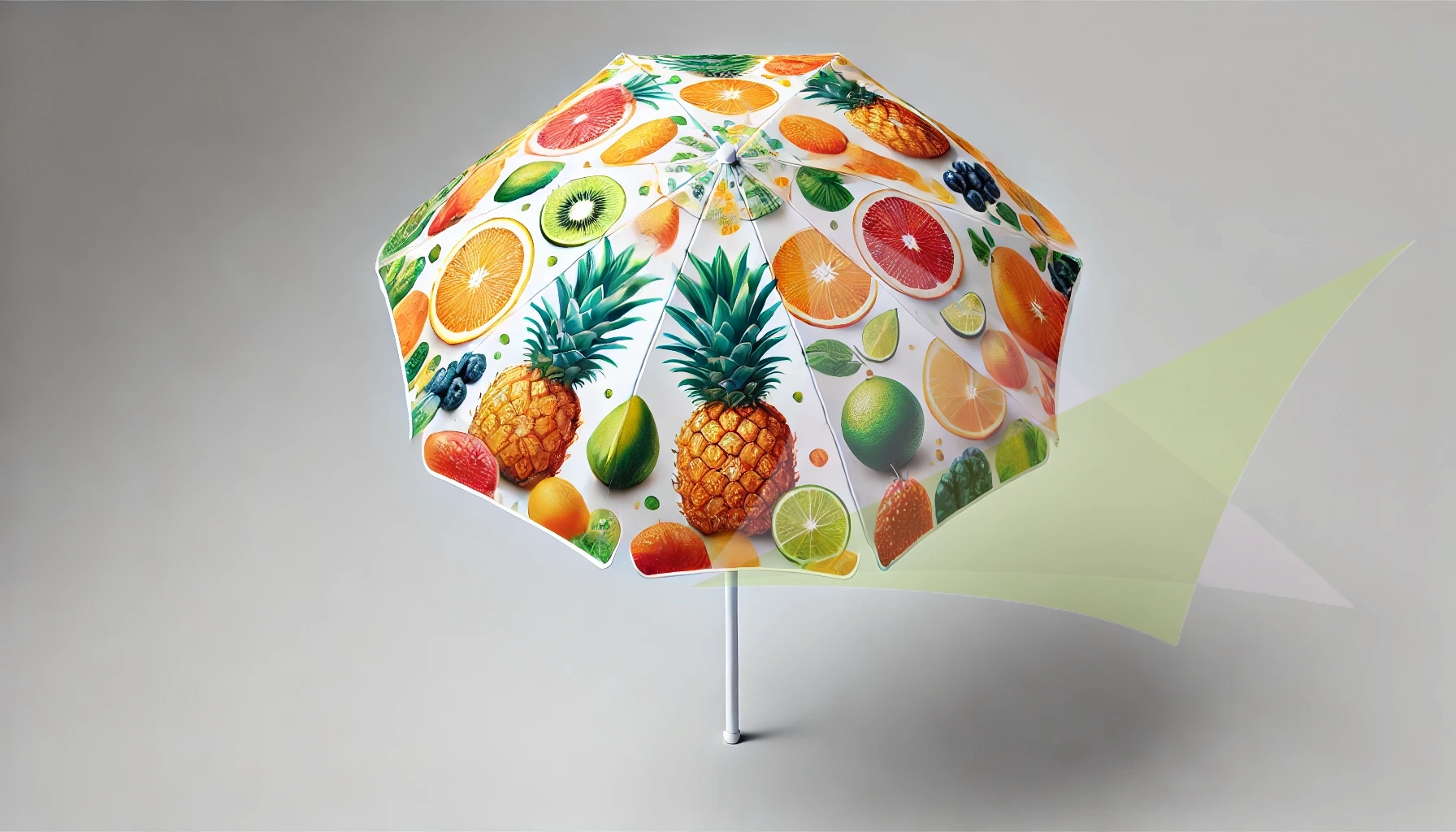 Vibrant garden parasol featuring a colorful fruit pattern with pineapples, oranges, kiwis, and limes on white fabric