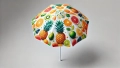 Vibrant garden parasol featuring a colorful fruit pattern with pineapples, oranges, kiwis, and limes on white fabric