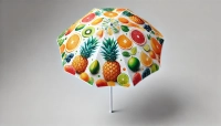 Vibrant garden parasol featuring a colorful fruit pattern with pineapples, oranges, kiwis, and limes on white fabric