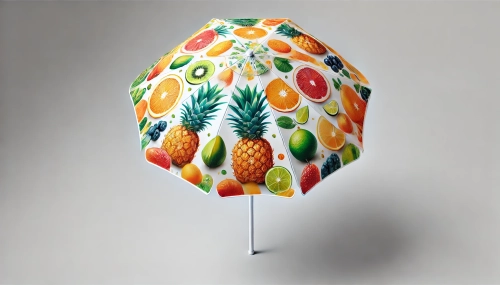 Vibrant garden parasol featuring a colorful fruit pattern with pineapples, oranges, kiwis, and limes on white fabric