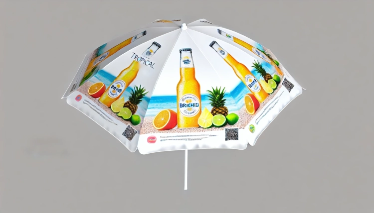 Witte reclameparasol met opdruk van tropisch fruit en drankjes tegen een strandachtergrond, ideaal voor tuin en horeca