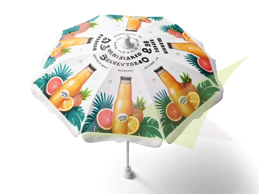 White advertising patio parasol with colorful tropical fruit and orange juice bottle graphics for outdoor events