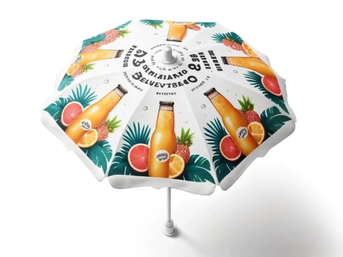 White advertising patio parasol with colorful tropical fruit and orange juice bottle graphics for outdoor events