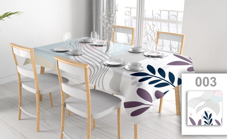 Vlekafstotend reclametafelkleed met moderne print van rijen en bladeren op een eettafel met stoelen