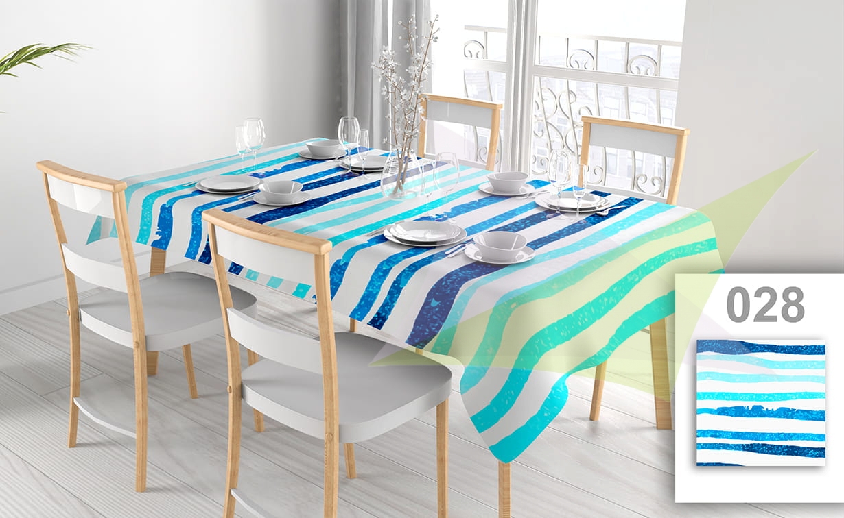 Custom rectangular tablecloth with blue and white stripes featuring a stain-resistant full color print