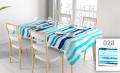 Custom rectangular tablecloth with blue and white stripes featuring a stain-resistant full color print