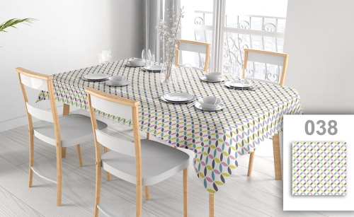 Stain-resistant rectangular tablecloth with a colorful geometric leaf pattern in a modern dining setting.