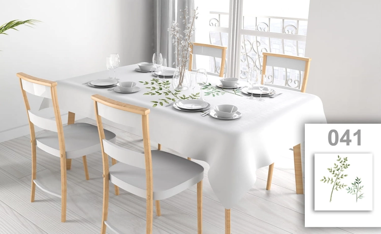 Custom rectangular white stain-resistant tablecloth with a green botanical leaf pattern floral print.