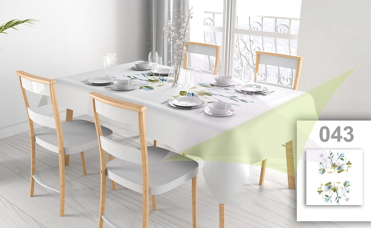 Stain-resistant rectangular tablecloth with custom watercolor floral print on a set dining table with chairs