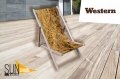 Wooden deck chair with a hay print on the fabric standing on a wooden terrace.