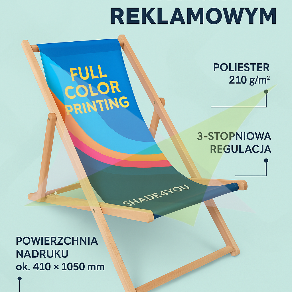 Wooden deck chair with full color custom printing and adjustable backrest for promotional advertising.