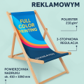 Wooden deck chair with full color custom printing and adjustable backrest for promotional advertising.