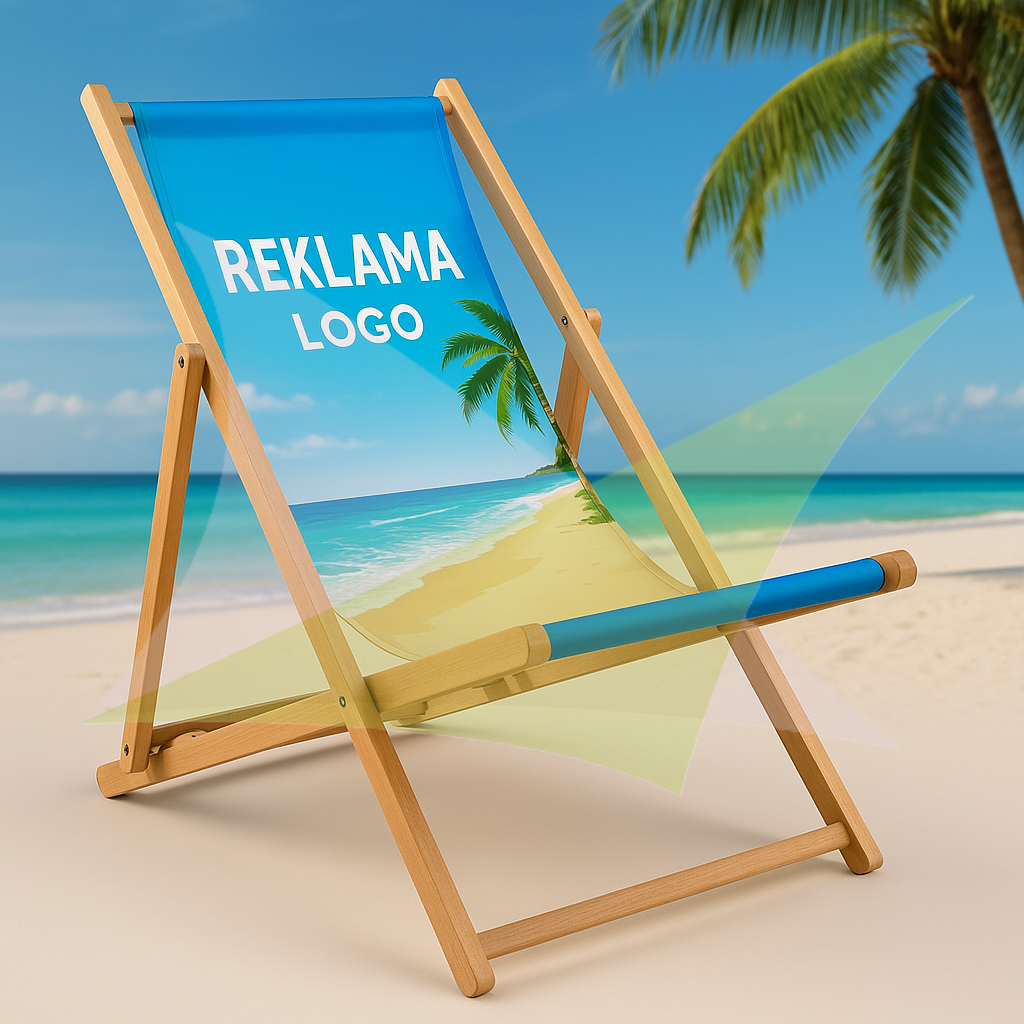 Custom printed deck chair with full-color beach graphic and promotional text on a sandy beach under a palm tree