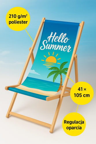 Custom beach chair with palm tree print, 210 g/m2 polyester seat, 41x105 cm fabric, and adjustable wood frame