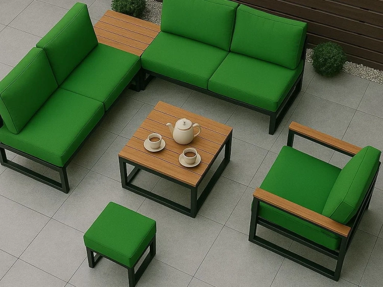 Set di mobili da giardino con fodere per cuscini verdi impermeabili, tavolo e poltrona in terrazza