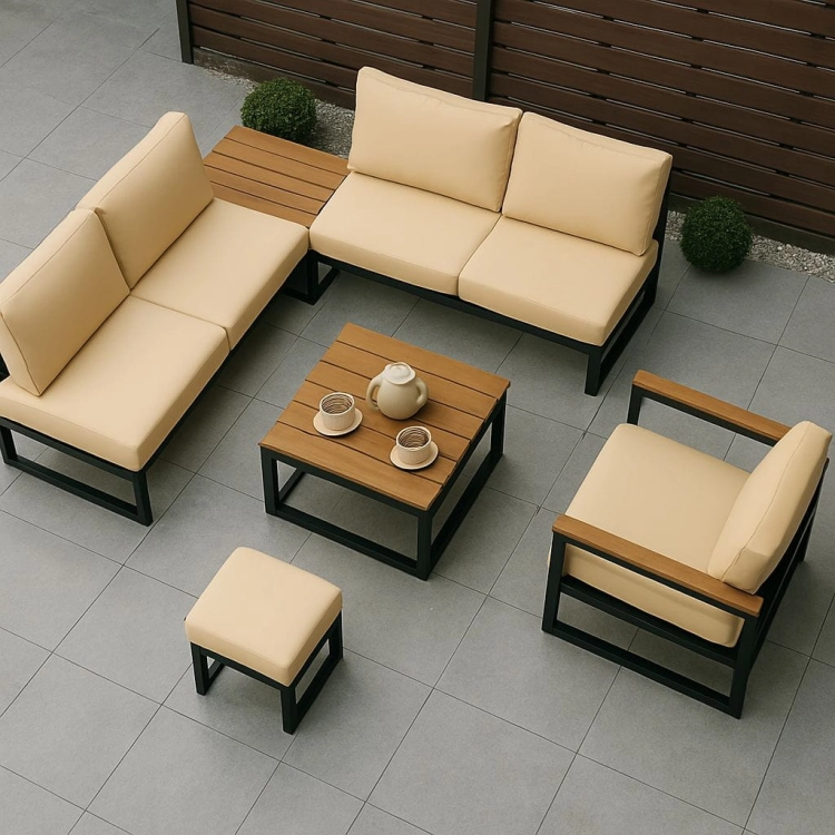 Modern patio furniture set with beige cushions, including a corner sofa, armchair, ottoman and wood-topped coffee table