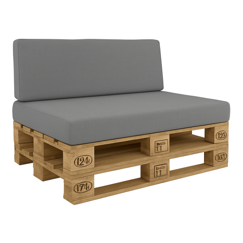 Grey waterproof garden pallet cushions on a wooden pallet base with backrest and seat padding