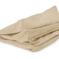 Close-up of a beige waterproof outdoor cushion cover featuring a hidden zipper and durable fabric texture
