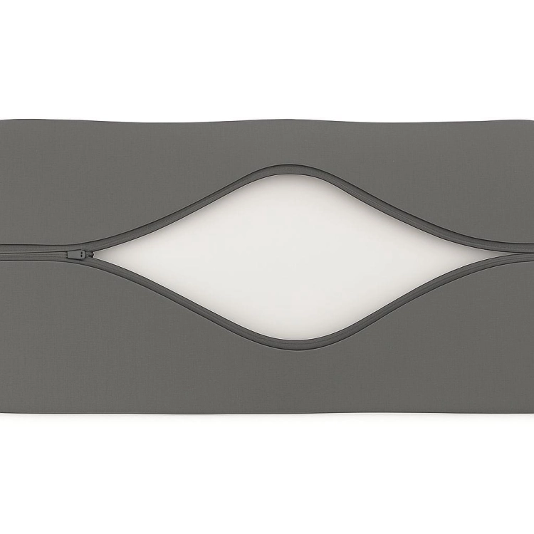 Custom waterproof dark gray garden pillow cover with a central zipper and white insert visible inside.