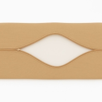 Tan zippered garden pillow cover made of waterproof fabric showing the zip opening and interior lining.