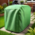 Custom-made green protective cover for outdoor garden furniture on a patio stone walkway.