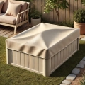 Tan custom-fit protective cover for garden furniture on a patio next to a sofa and plants