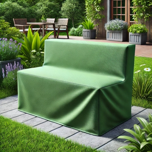 Custom-made green protective cover for garden furniture on a stone patio in a lush backyard garden environment