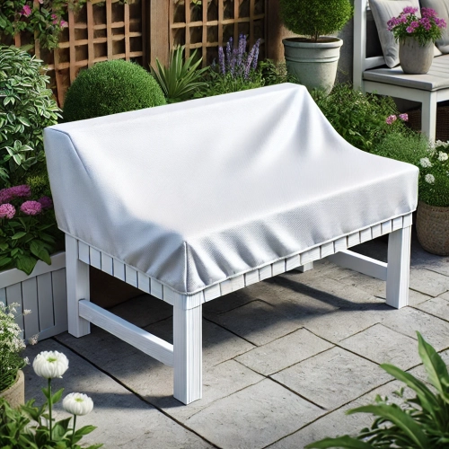 Custom white waterproof cover protecting a wooden garden bench in a lush backyard patio setting