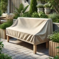 Beigefarbene Schutzhülle nach Maß für eine Gartenbank auf der Terrasse zwischen Pflanzen und Holzblumenkästen