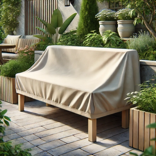 Custom-fit beige patio furniture cover protecting an outdoor bench in a garden setting with plants and stone tiles