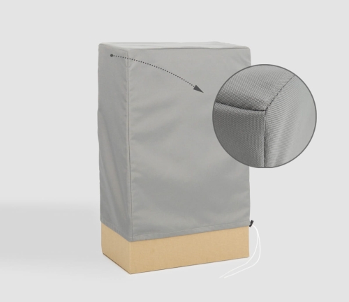 Grey custom-made protective cover for outdoor garden furniture with a close-up on the durable fabric and stitched seam