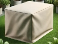 Beige, waterproof custom-made protective cover for outdoor garden furniture on a green lawn