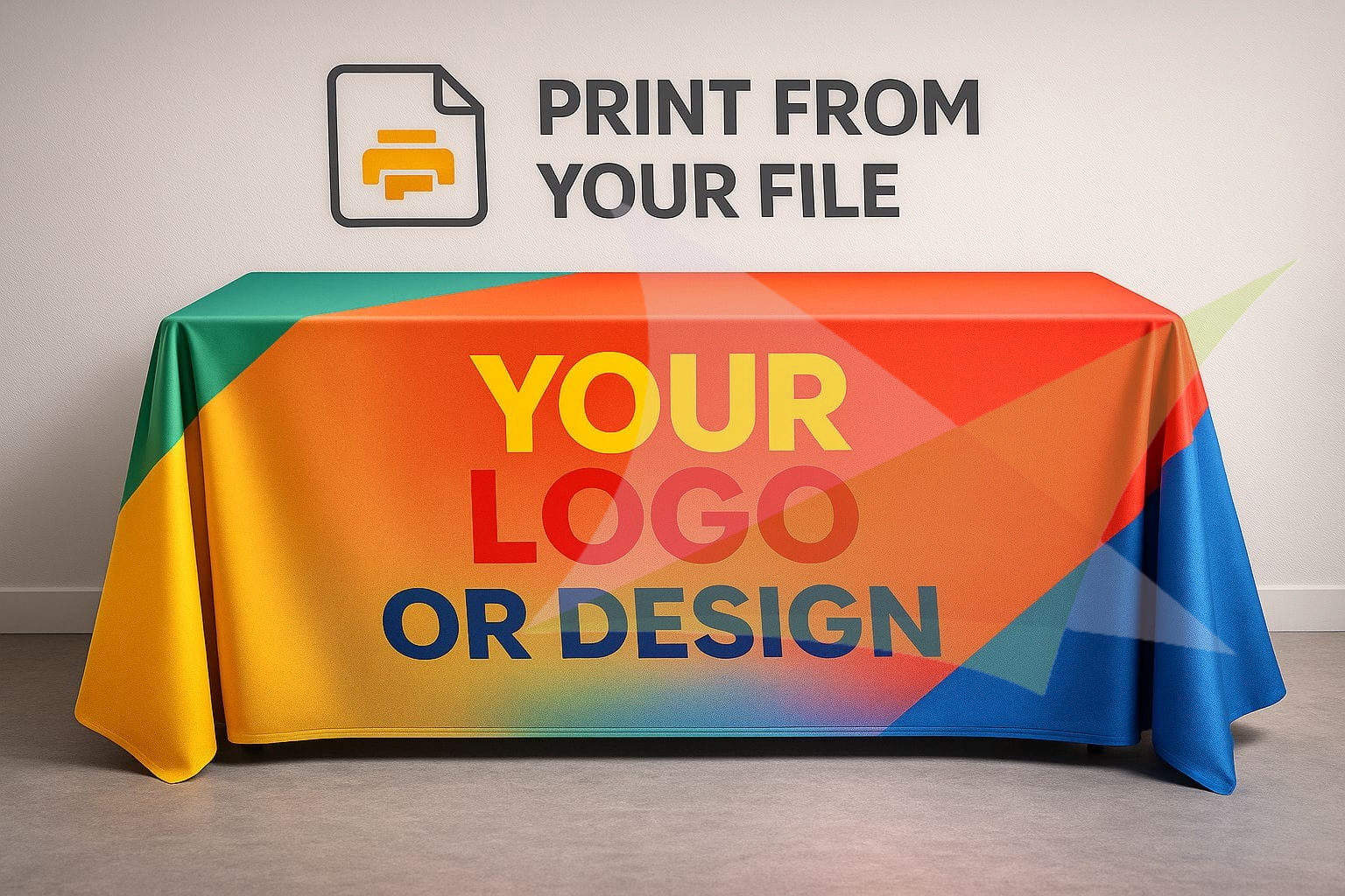 Custom printed tablecloth with your logo or design, full color promotional table cover for trade shows.