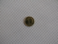 Polish 1 grosz coin centered on a textured white sunshade sail fabric.