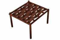 Custom brown HDPE sunshade strips woven through a dark wooden pergola frame on a white background.