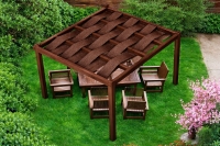 Custom HDPE sunshade weave on a wooden pergola over an outdoor dining set in a lush green garden.