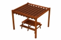 Brown HDPE roman shade sail custom-made for a wooden pergola with an outdoor picnic table underneath.