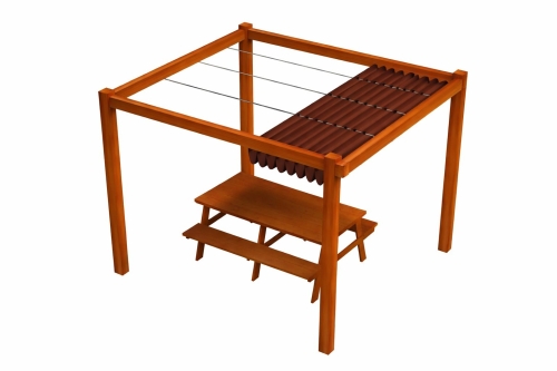 Wooden pergola featuring a custom brown roman shade canopy over an outdoor picnic table.